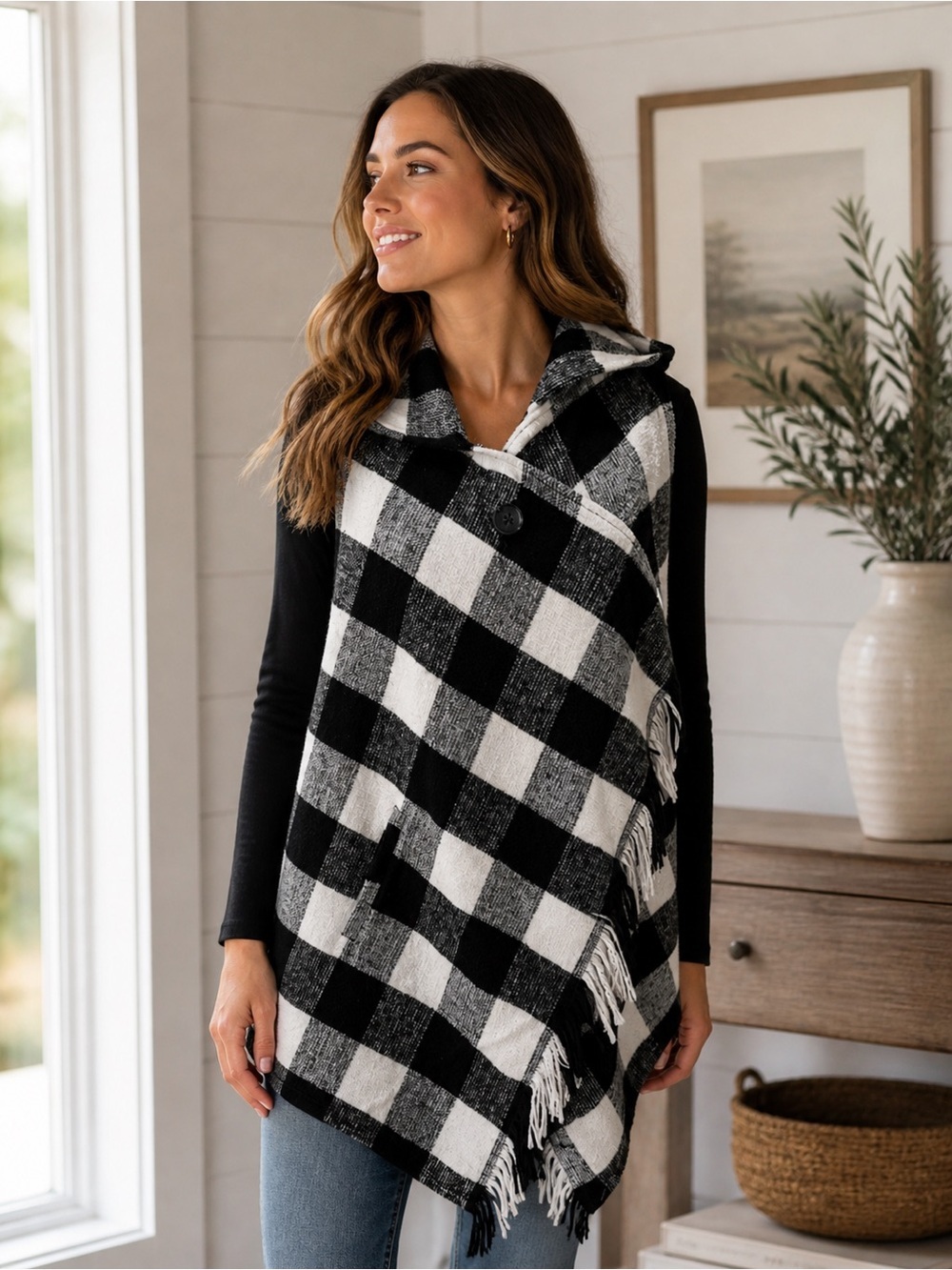 JOLT Hooded Fringe Cape Vest Plaid Checked Pockets Size Large